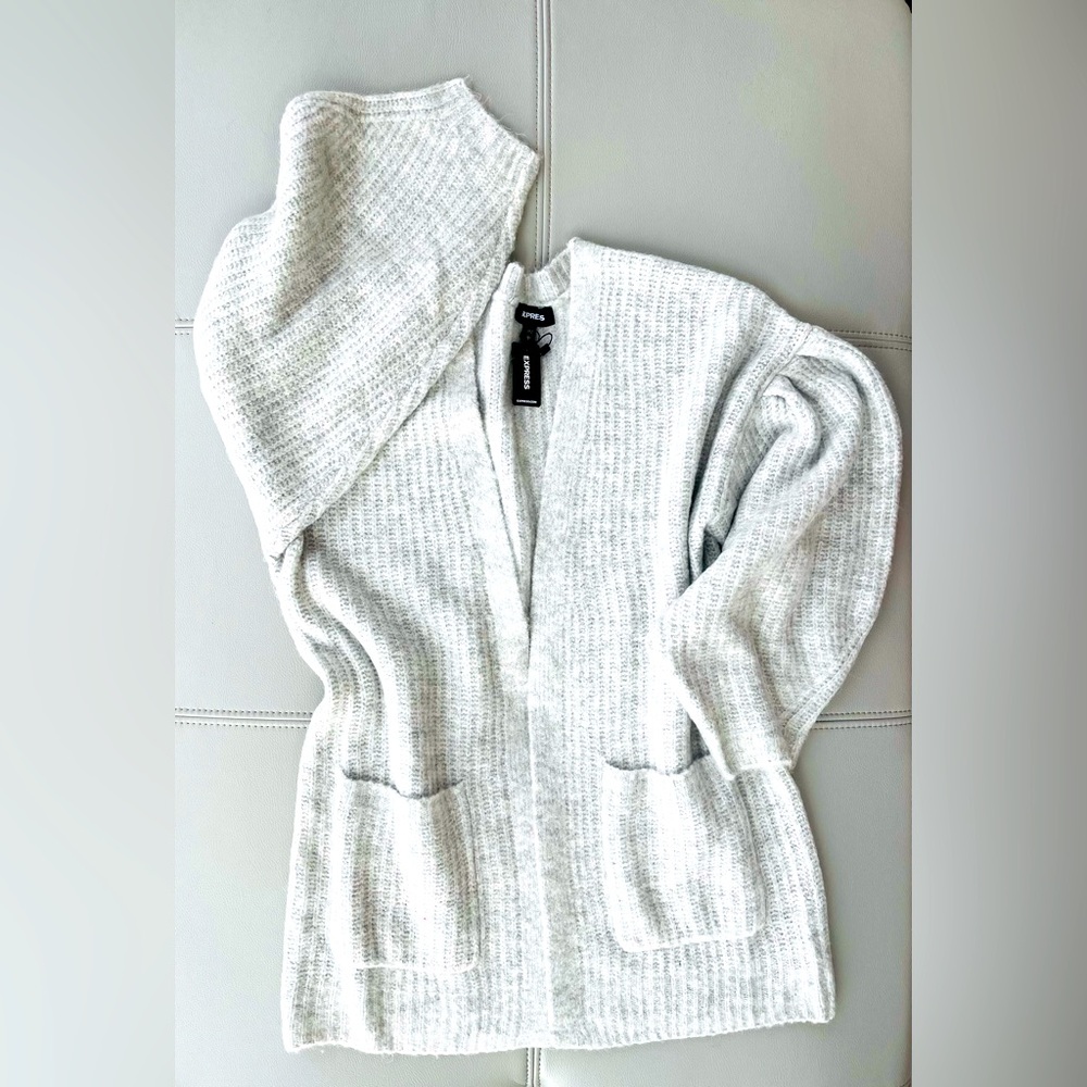 NWT! EXPRESS Super Puff | Balloon Sleeve Wool-Blend Cardigan in Heather Gray LG